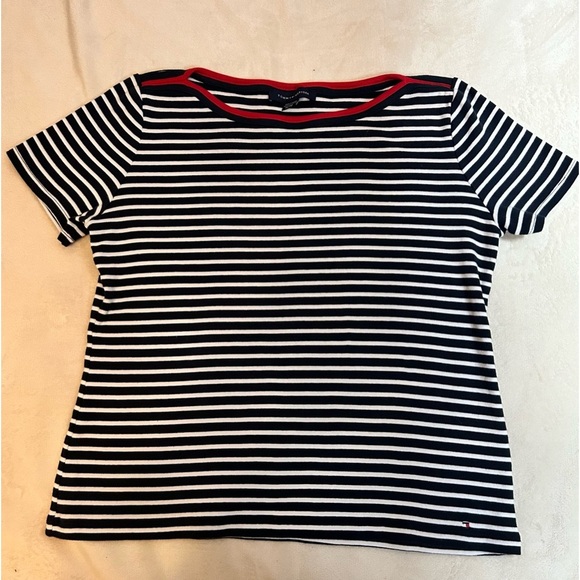 Tommy Hilfiger | 100% Cotton Boat Neck Striped Blue & White Shirt Size XL - Picture 5 of 11